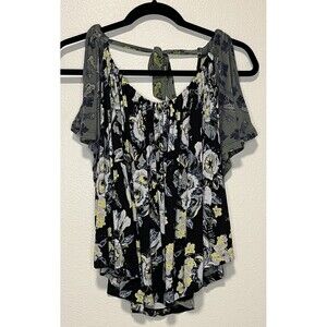 Free People Baja Babe Cold Shoulder Top Size Small Black Floral Tie Back Boho